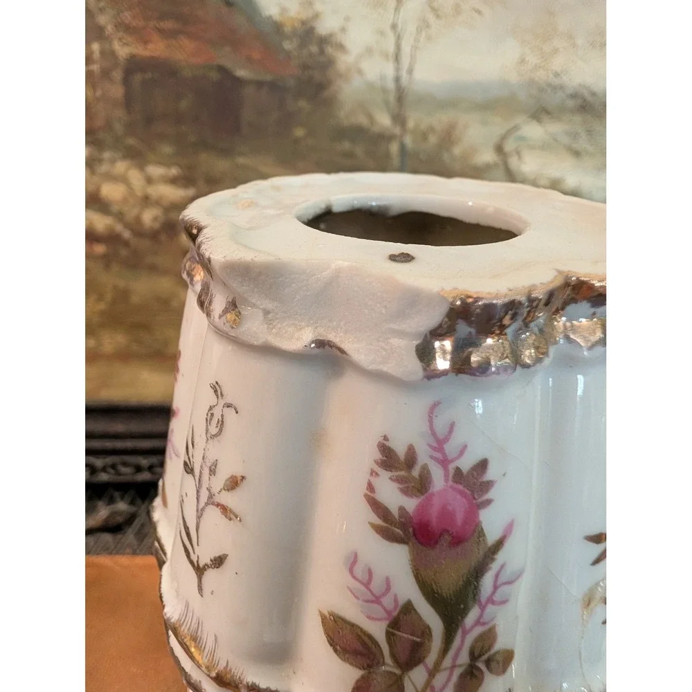 Vintage Japan Miniature Porcelain Oil Lamp Pink Roses Gold Gilt 7 Inch
